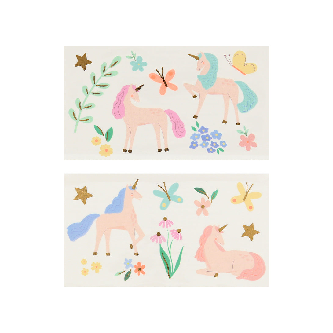 Add our temporary tattoos featuring unicorns, flowers and butterflies, to your unicorn party bags.