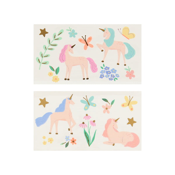 Add our temporary tattoos featuring unicorns, flowers and butterflies, to your unicorn party bags. Image2