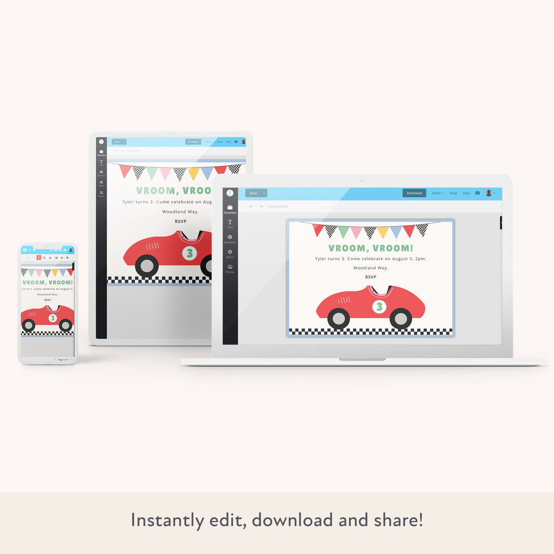 Invite family and friends to your race car party with our wonderful digitval party invitation with car designs.