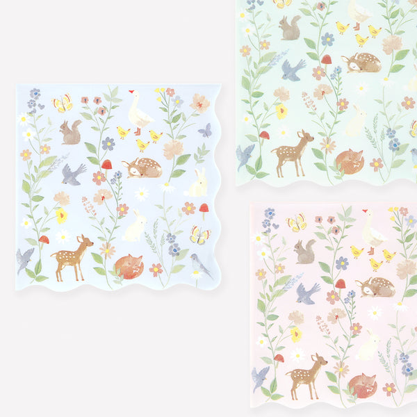 Our paper large napkins, made from 3-ply paper, have an adorable baby animals and floral design in soft colors, ideal for first birthday parties. Image1