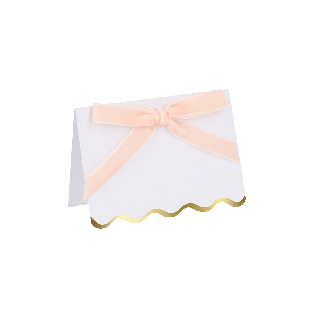 Use our luxury place cards with velvet bows in pastels colors, and shiny gold foil scalloped borders, for special meals like baby showers.