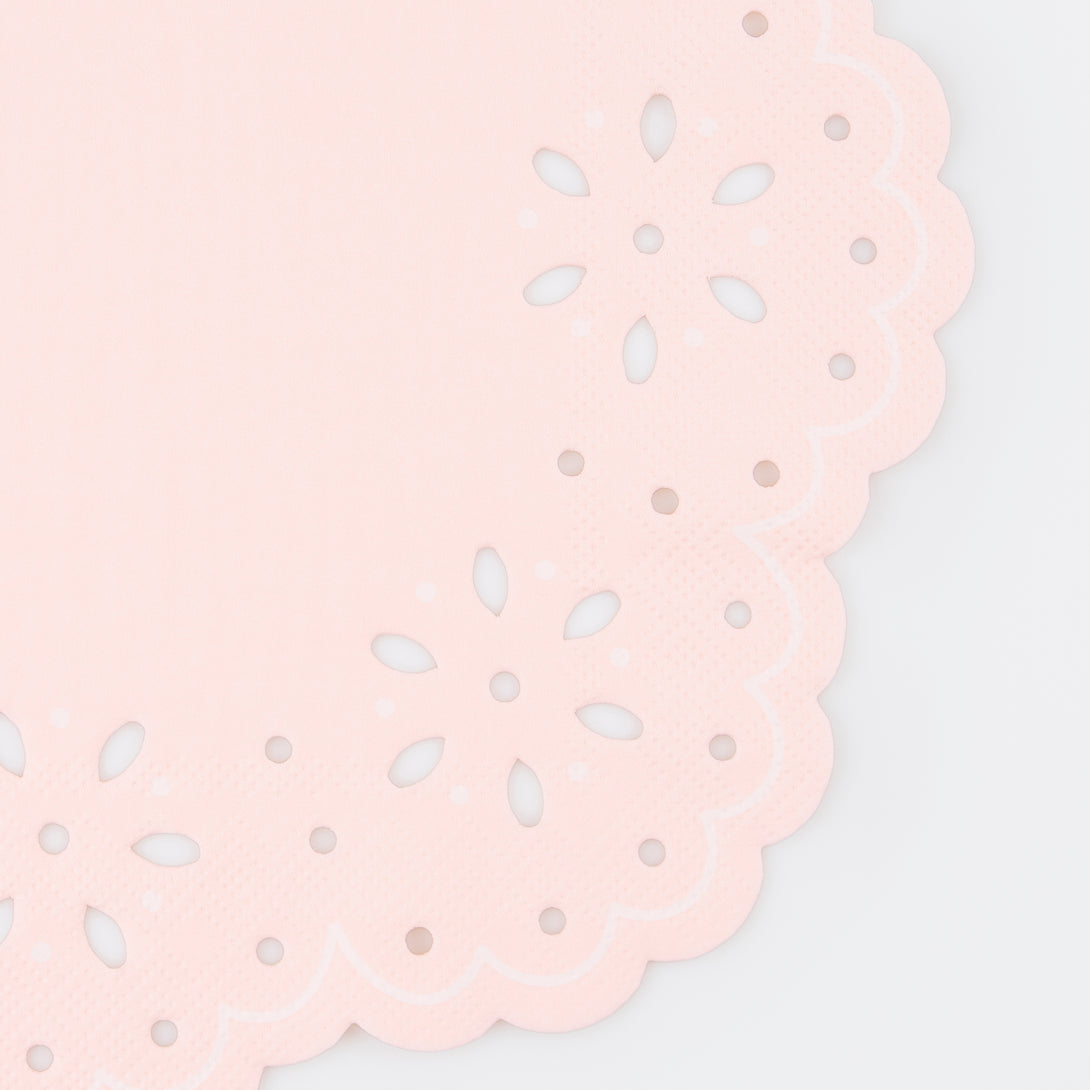 Our large party napkins, pink and peach napkins, have a pretty embossed lace design.