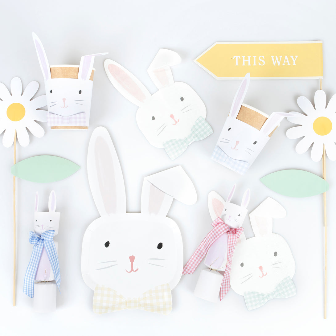 Our party crackers are crafted in the shape of bunnies, and contain mint tissue paper hats, erasers and a joke.