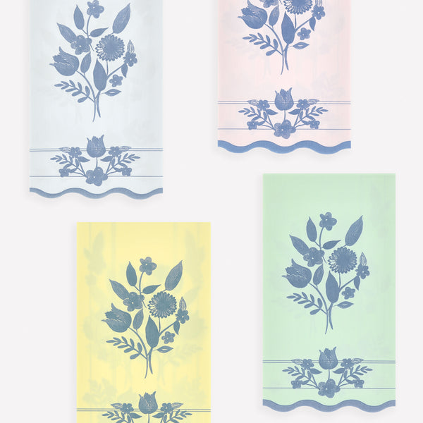 Our guest towels, made from 3-ply paper, feature 4 pastel shades and a stunning colbalt blue botanical illustration for a stylish look. Image1