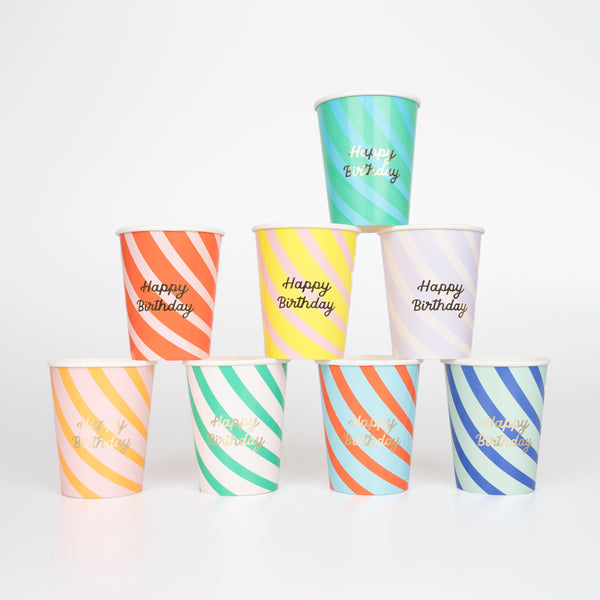 Our birthday cups look amazing with bright stripes of color and shiny gold foil details.