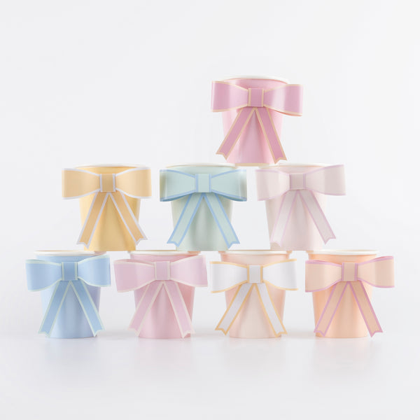 Our party cups, with bows, in pastel colors look amazing for baby showers, bridal showers or any springtime party.