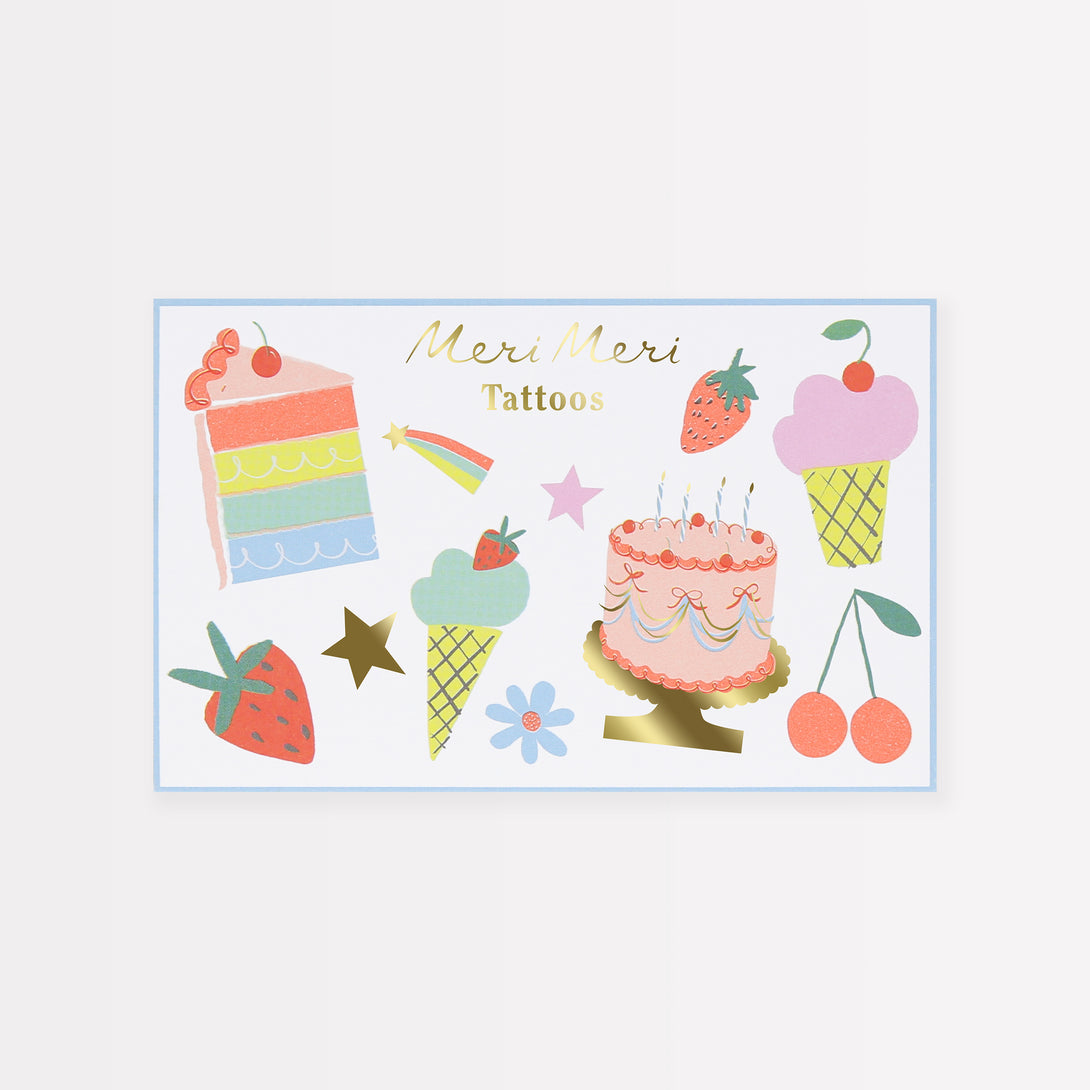 Look and feel birthday sensational with the gift of temporary tattoos in fun food designs, ideal as birthday party bag gifts.