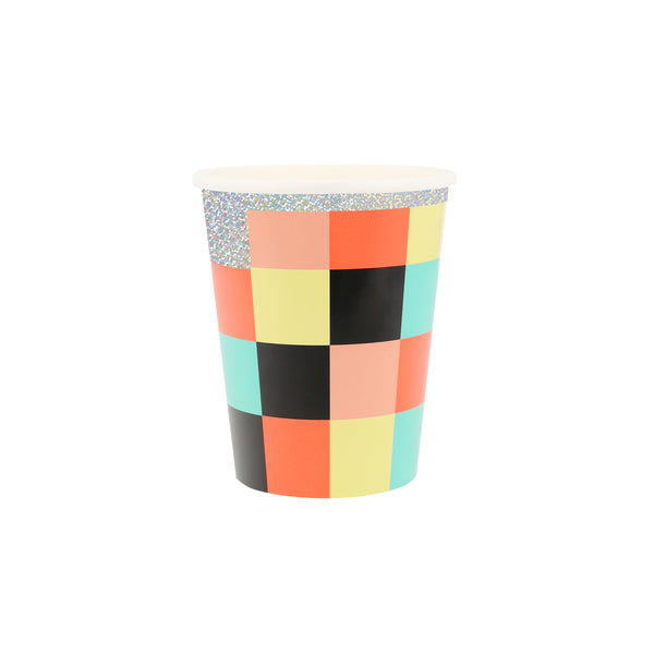 Our party cups, with holographic foil and a brighten checkerboard design, are perfect for hot or cold drinks for kids who love retro games.