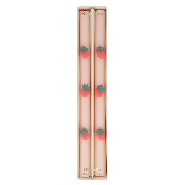 Our table candles, in a soft pink shade with wax strawberries and red wicks, are ideal as a host gift or a candle gift. Image5
