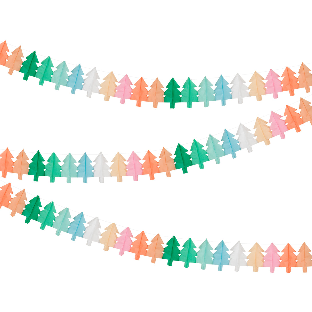 Our hanging Christmas decorations feature tissue paper Christmas trees in lots of colors for a merry and bright look.