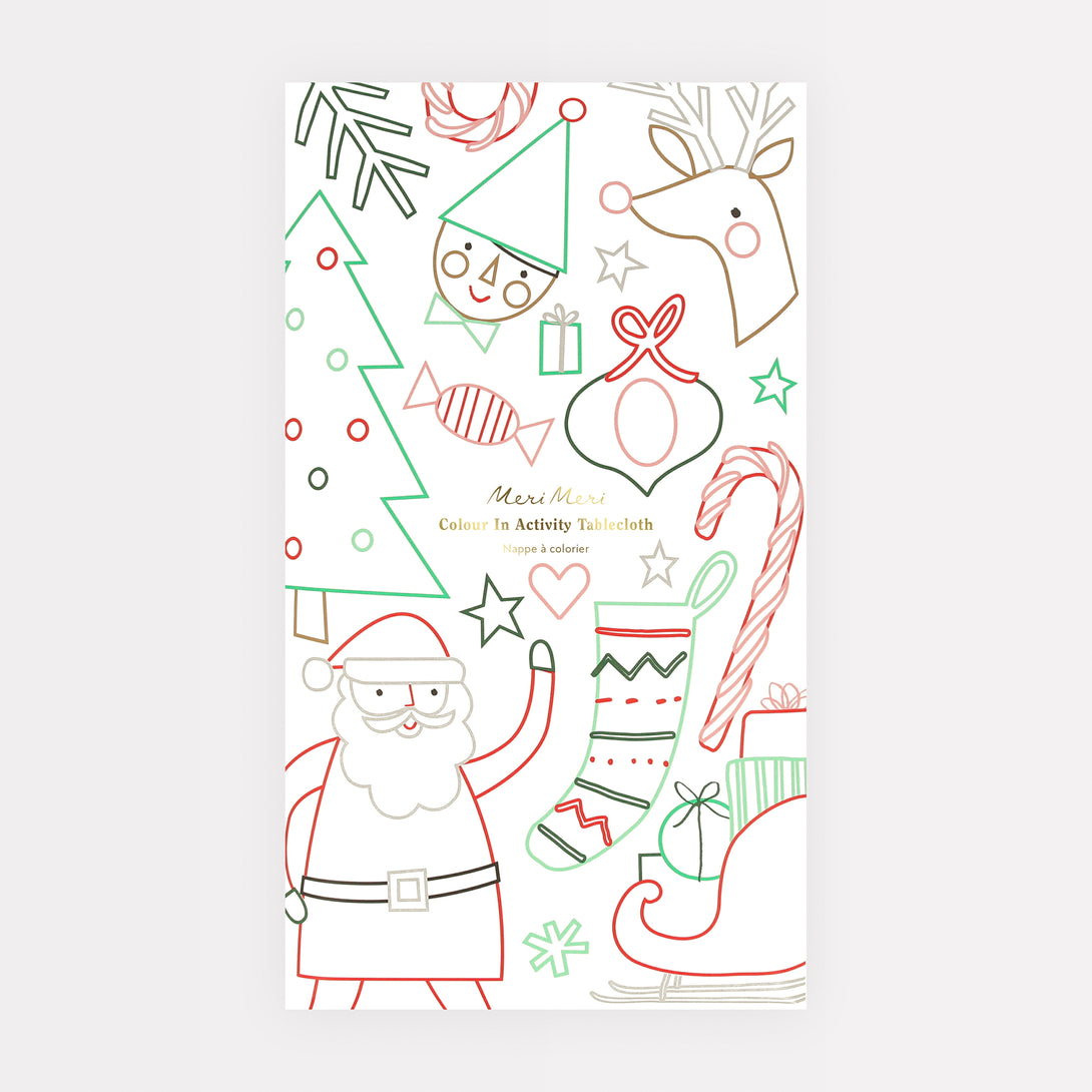 Our Christmas tablecloth is a paper tablecloth with Christmas icons to color in, for lots of fun.