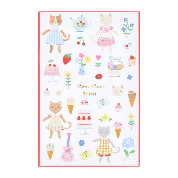 Our temporary tattoos for kids feature colorful and charming designs of kittens and fun icons, perfect for a kitten themed birthday party. Image1