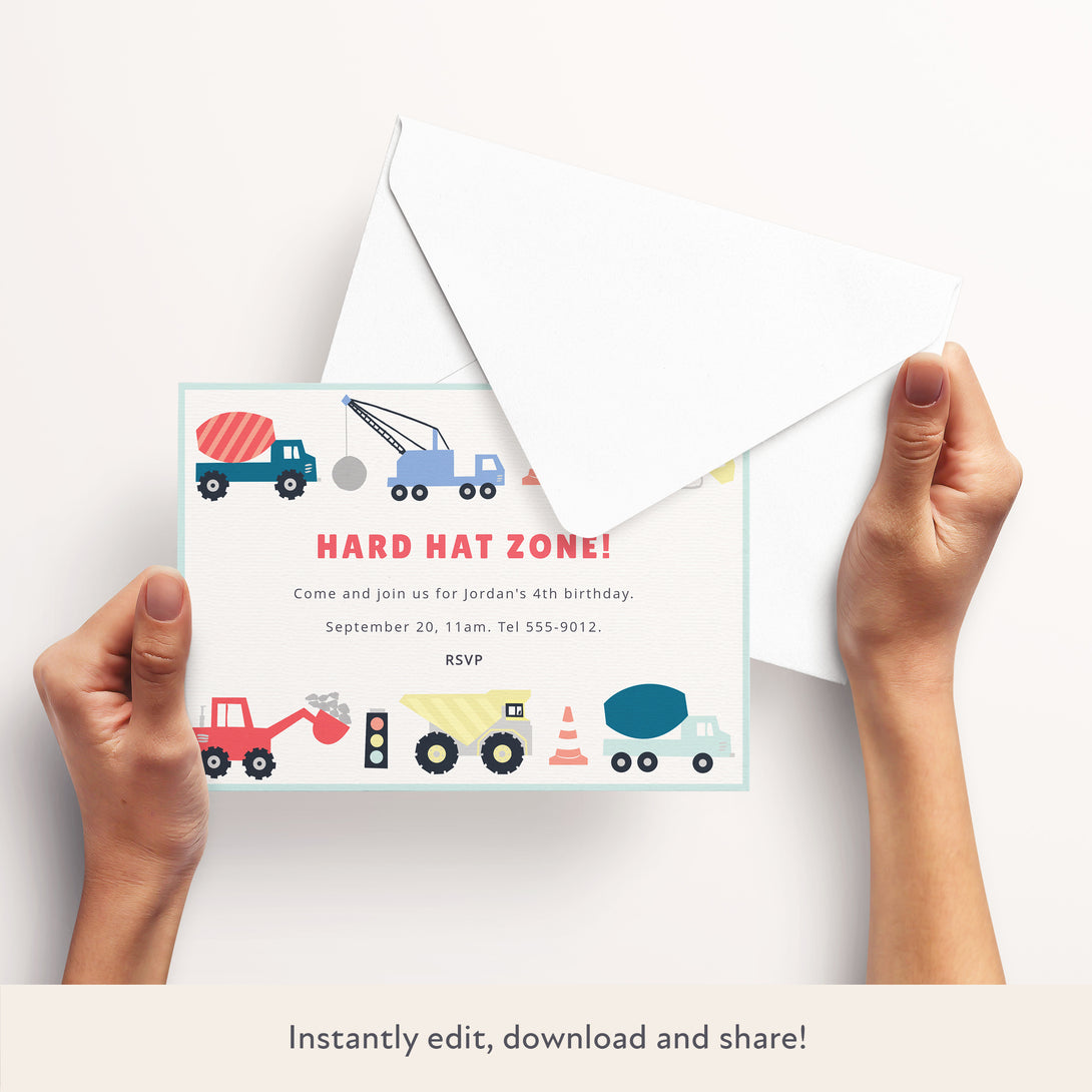 Our fun digital party invitation includes a sweet construction-themed design for kids who love building and vehicles.