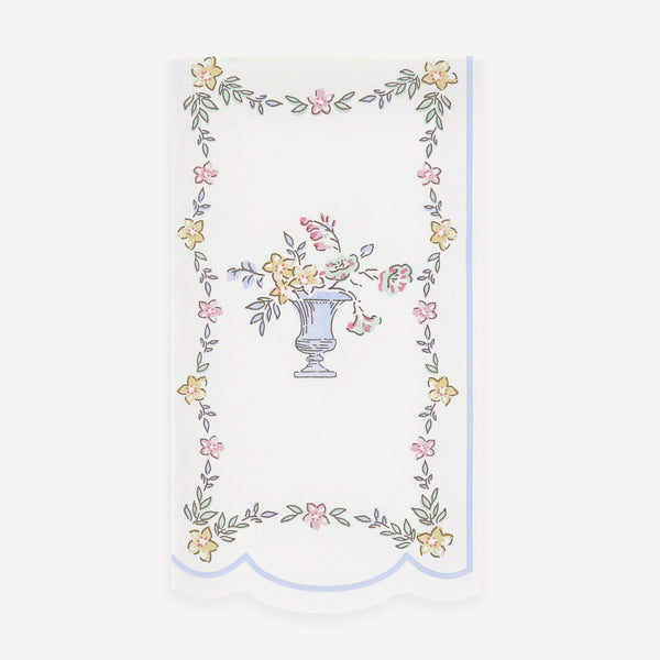 Our guest towels, made from 3-ply paper, feature a stylish chintz floral border and urn design, ideal for guest bathrooms or chic mealtimes. Image1