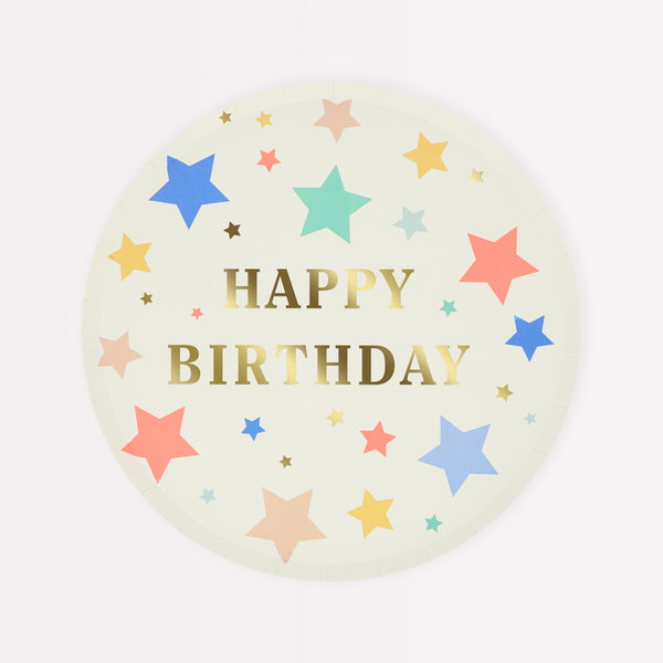Our side plates with colorful stars and gold letters are perfect as birthday party plates.