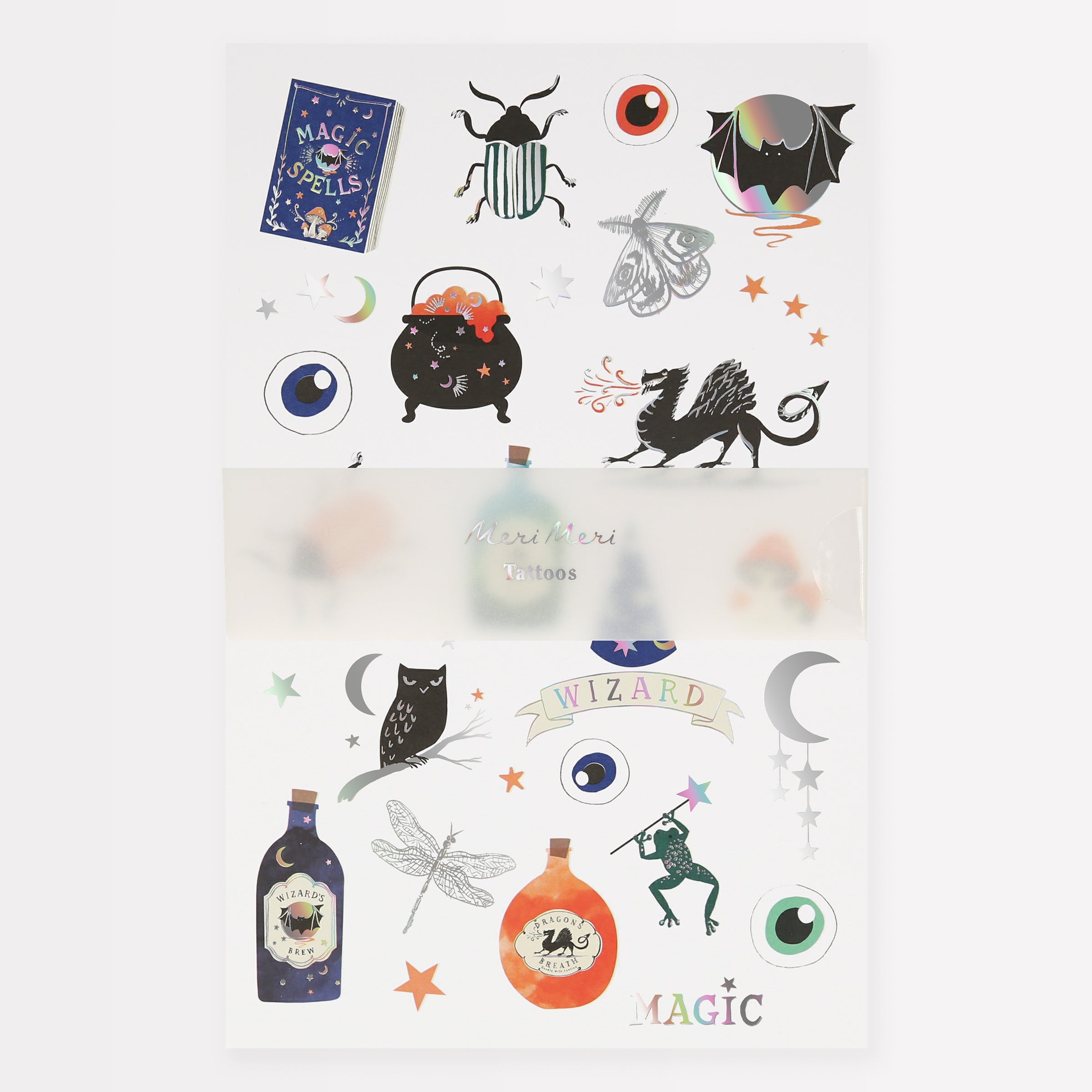 Our magic tattoos, with silver holographic foil, are ideal for a magic birthday party or Halloween activity.