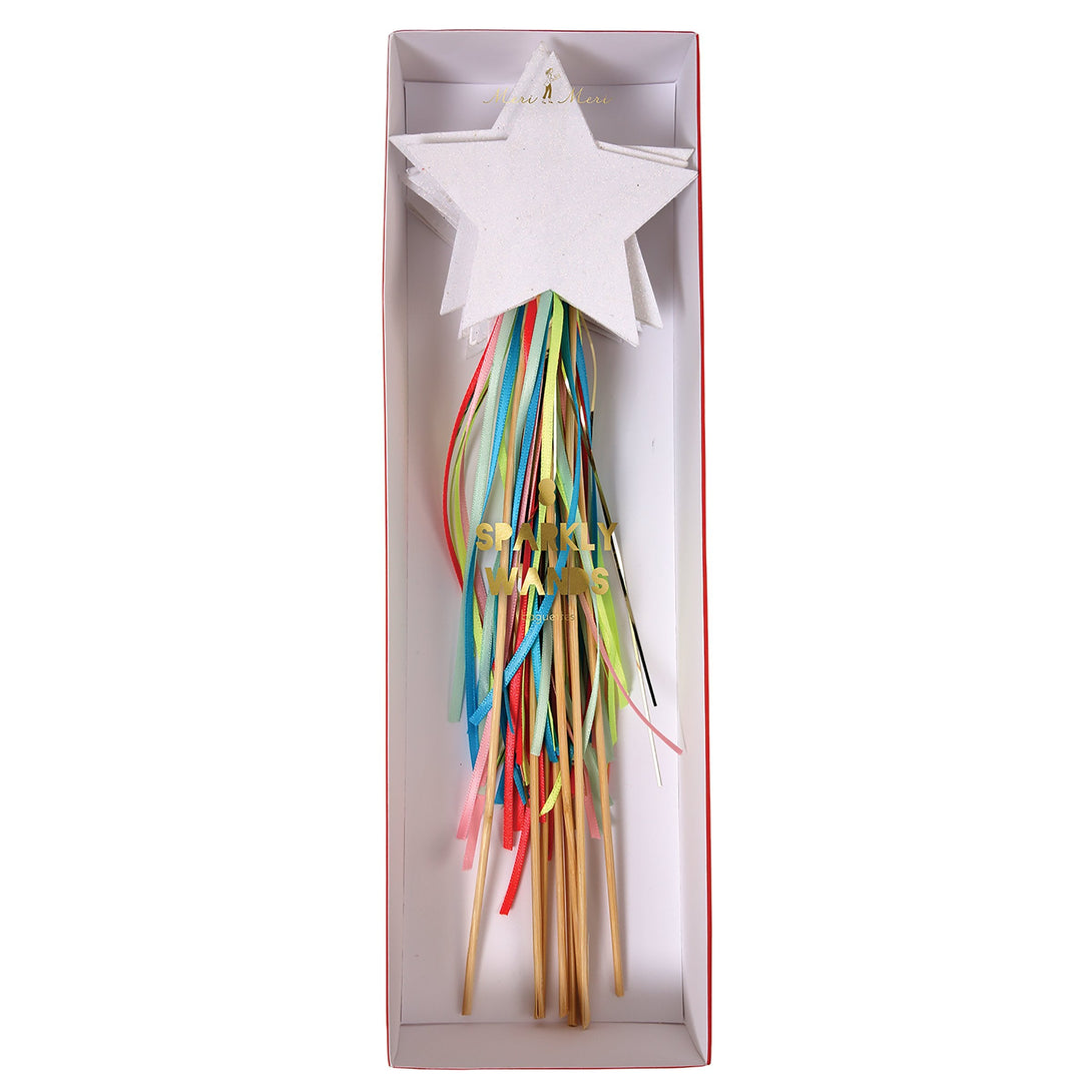 Each fairy wand has crystal glitter and colorful ribbons.