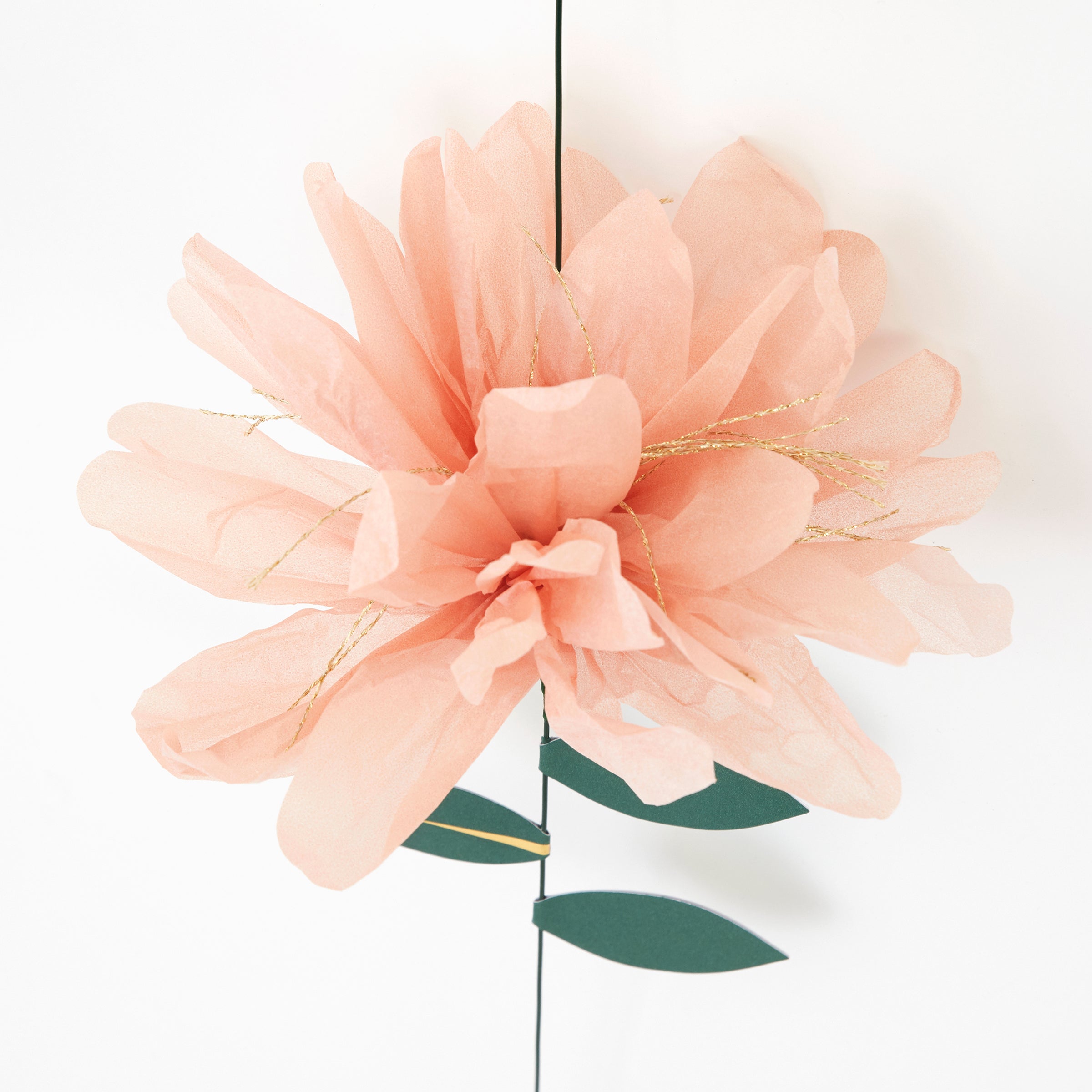 This fabulous flower decoration is crafted from colorful tissue paper flowers, with gold foil  and green leaves.