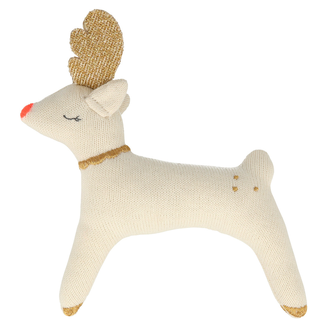 This adorable knitted organic cotton reindeer rattle is a fabulous Christmas baby gift.