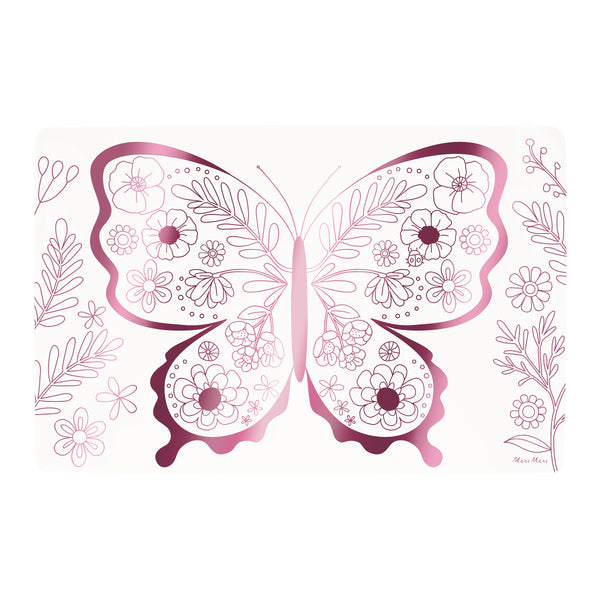 Our coloring placemats with pink foil butterfly and flower illustrations are perfect for a princess party or butterfly party. Image4