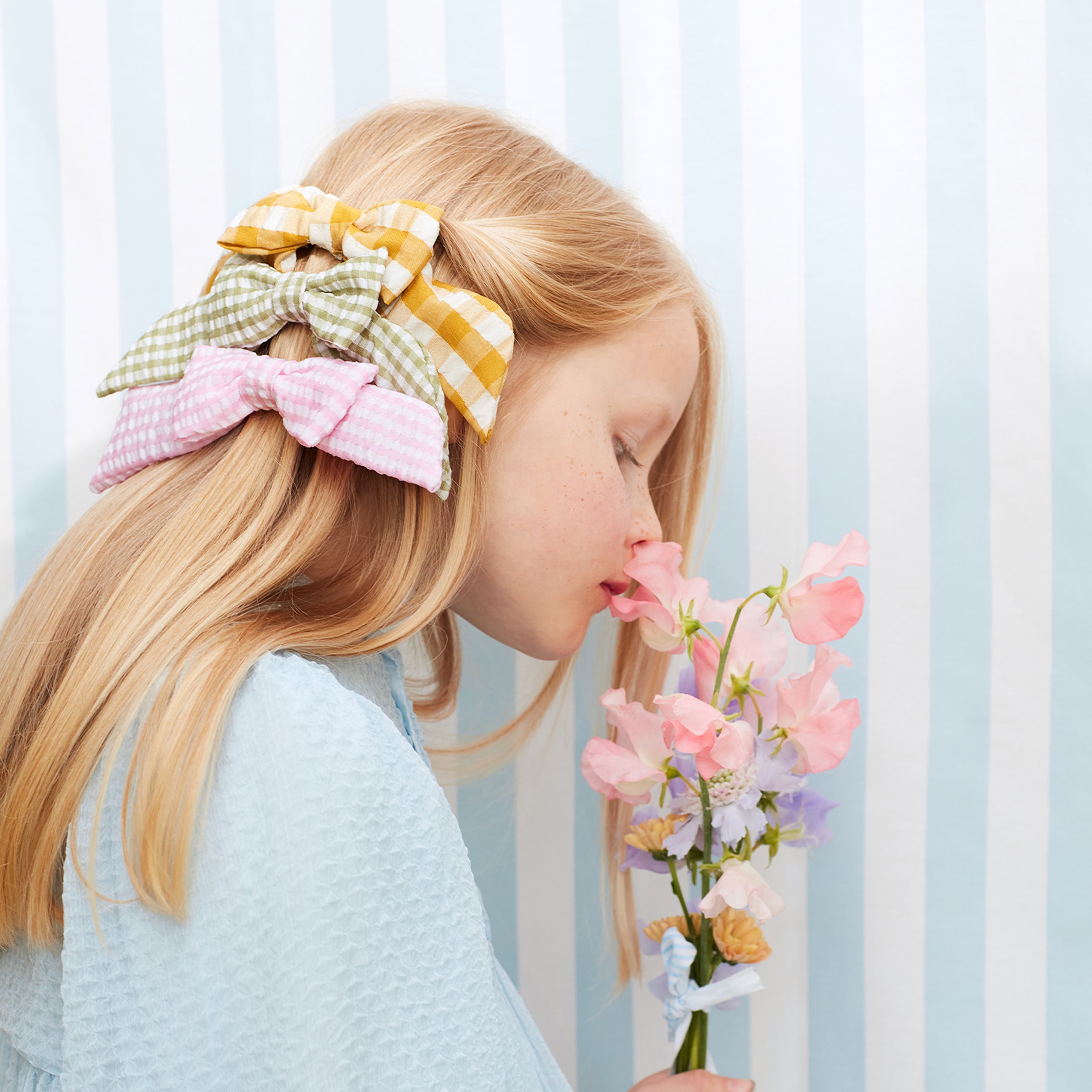 Our stylish kids gold hair clips, with gingham bows, make wonderful kids hair accessories.