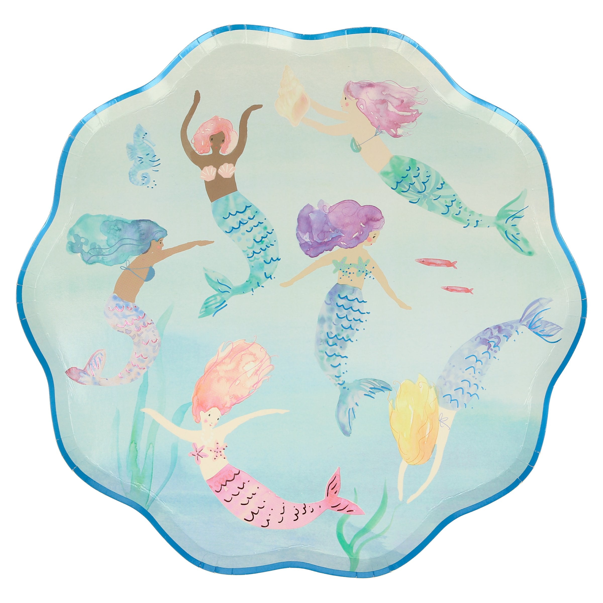 Our mermaid party supplies bundle includes mermaid tableware and a mermaid garland.