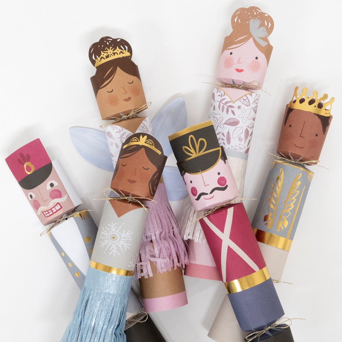 Our Nutcracker Kids Christmas crackers have delightful embellishments, and include a Christmas brooch, party hat and joke.
