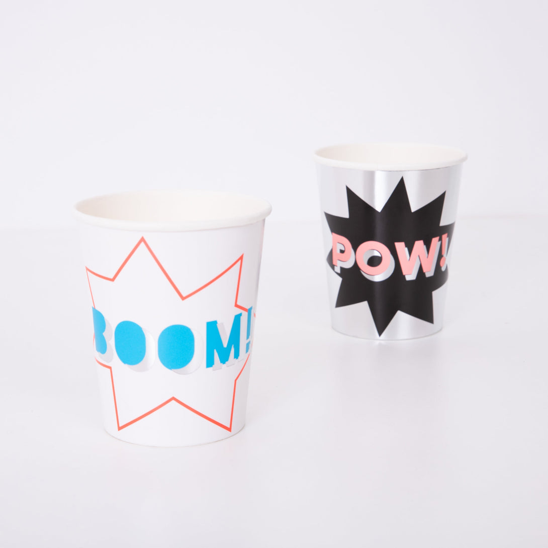 Our party cups, with comic book words, are ideal for a kids birthday party with a superhero theme.