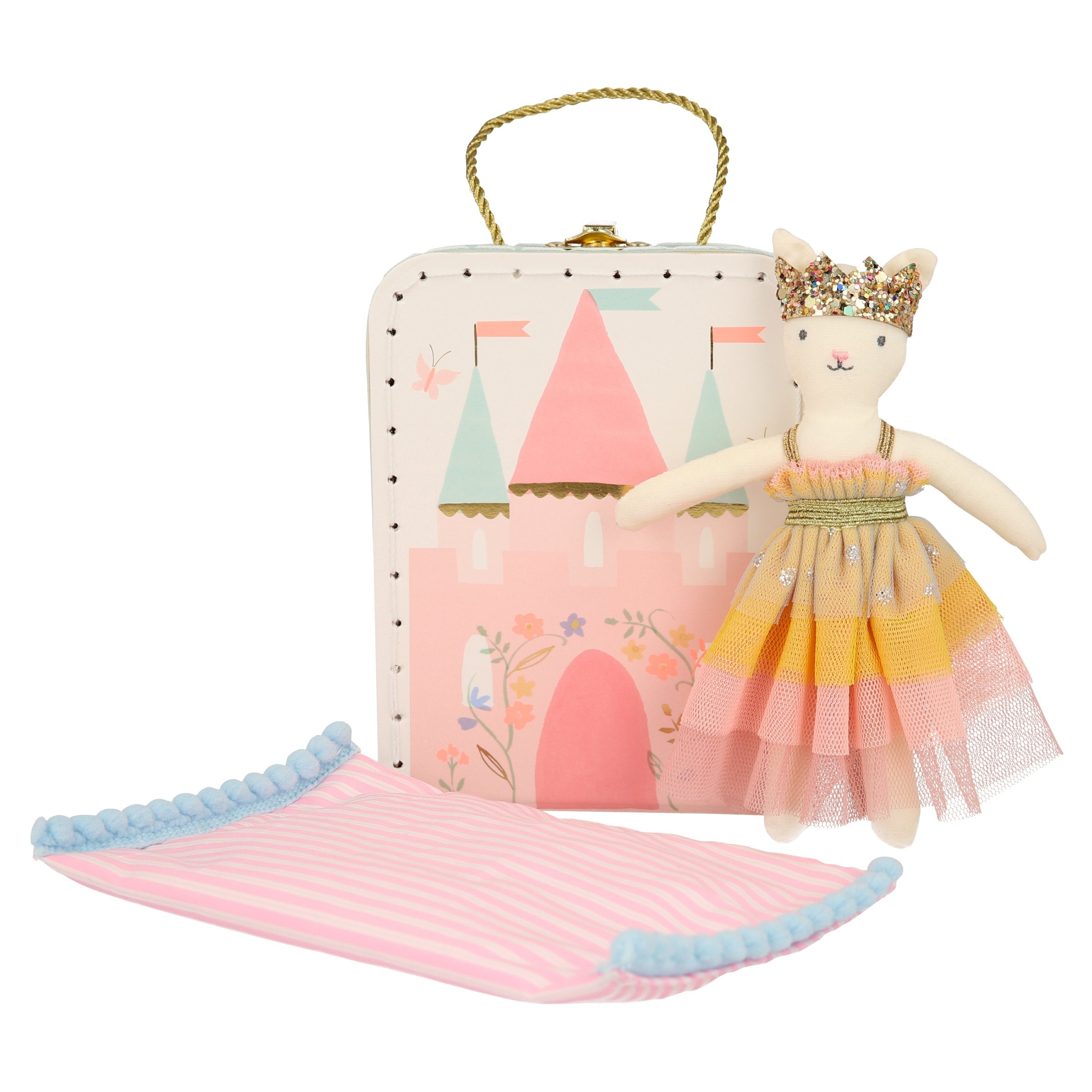 This mini suitcase, with a magical castle illustration, contains a charming cat toy for kids to play with inside.