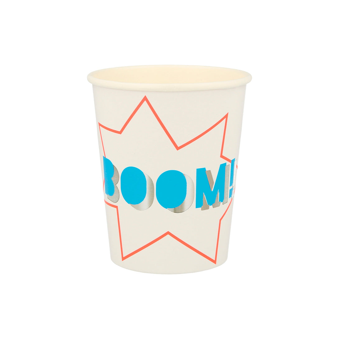 Our party cups, with comic book words, are ideal for a kids birthday party with a superhero theme.