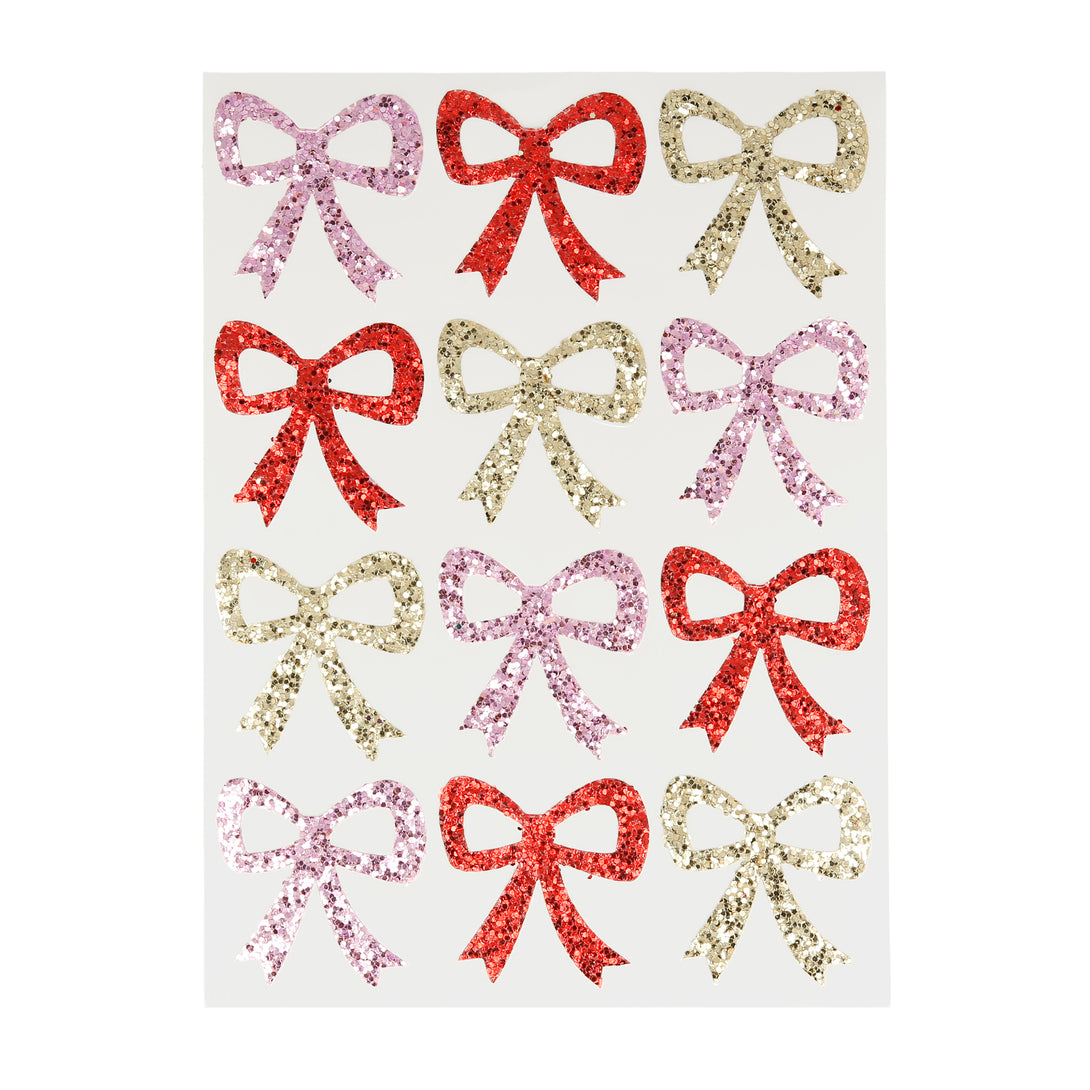 Our glitter stickers, in the shape of pink, red and gold bows, are ideal to pop onto Christmas gift bags.