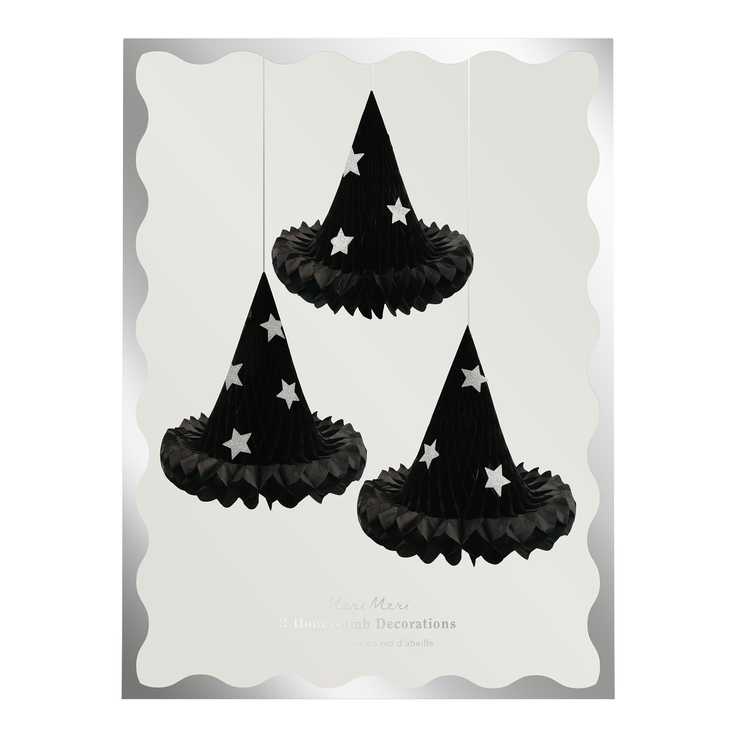 Our witch hats, with silver glitter stars, are the perfect hanging Halloween decorations.