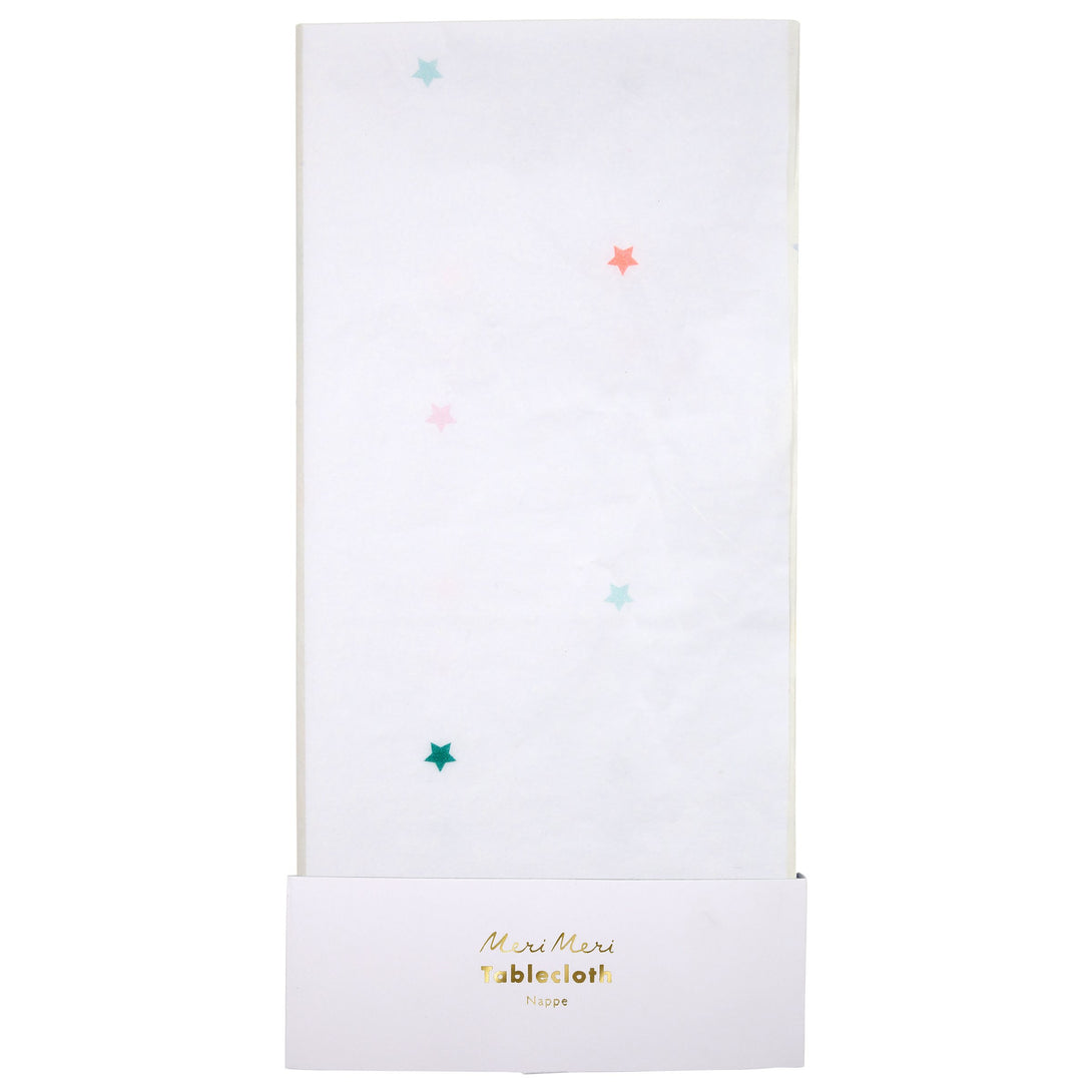 This paper tablecloth is covered with bright stars, perfect for colorful party tableware.