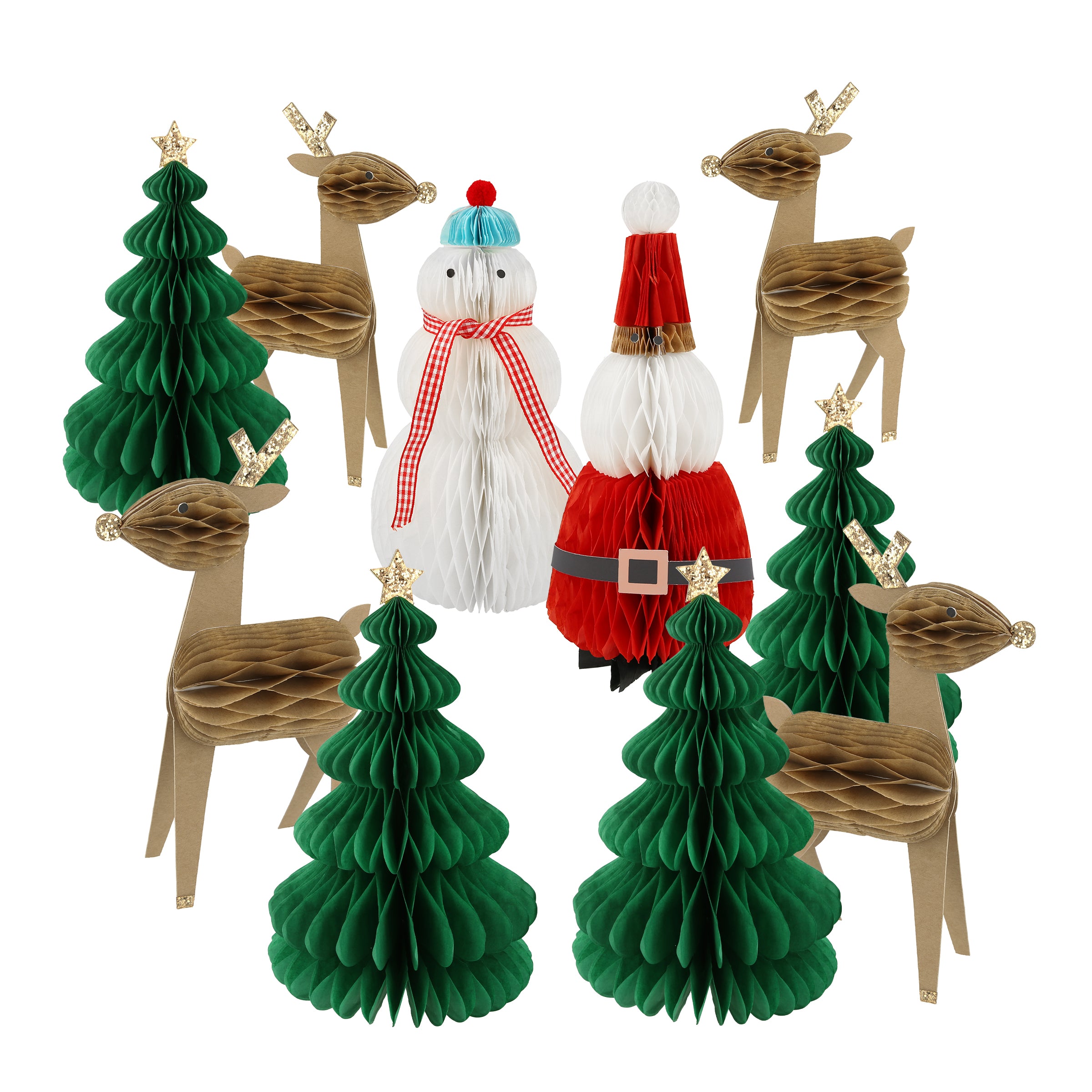 Our honeycomb Christmas table decorations include Christmas trees, Santa, reindeer and a snowman.