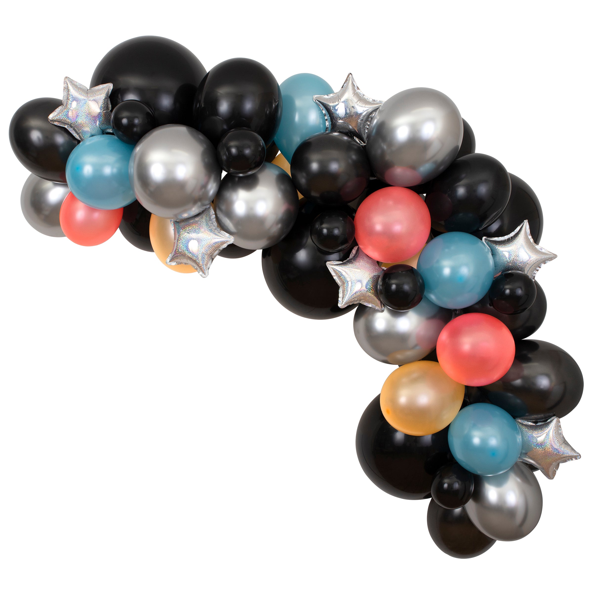Our balloon kit is an easy way to create a colorful balloon garland, with black balloons, star balloons, foil balloons and metallic balloons.