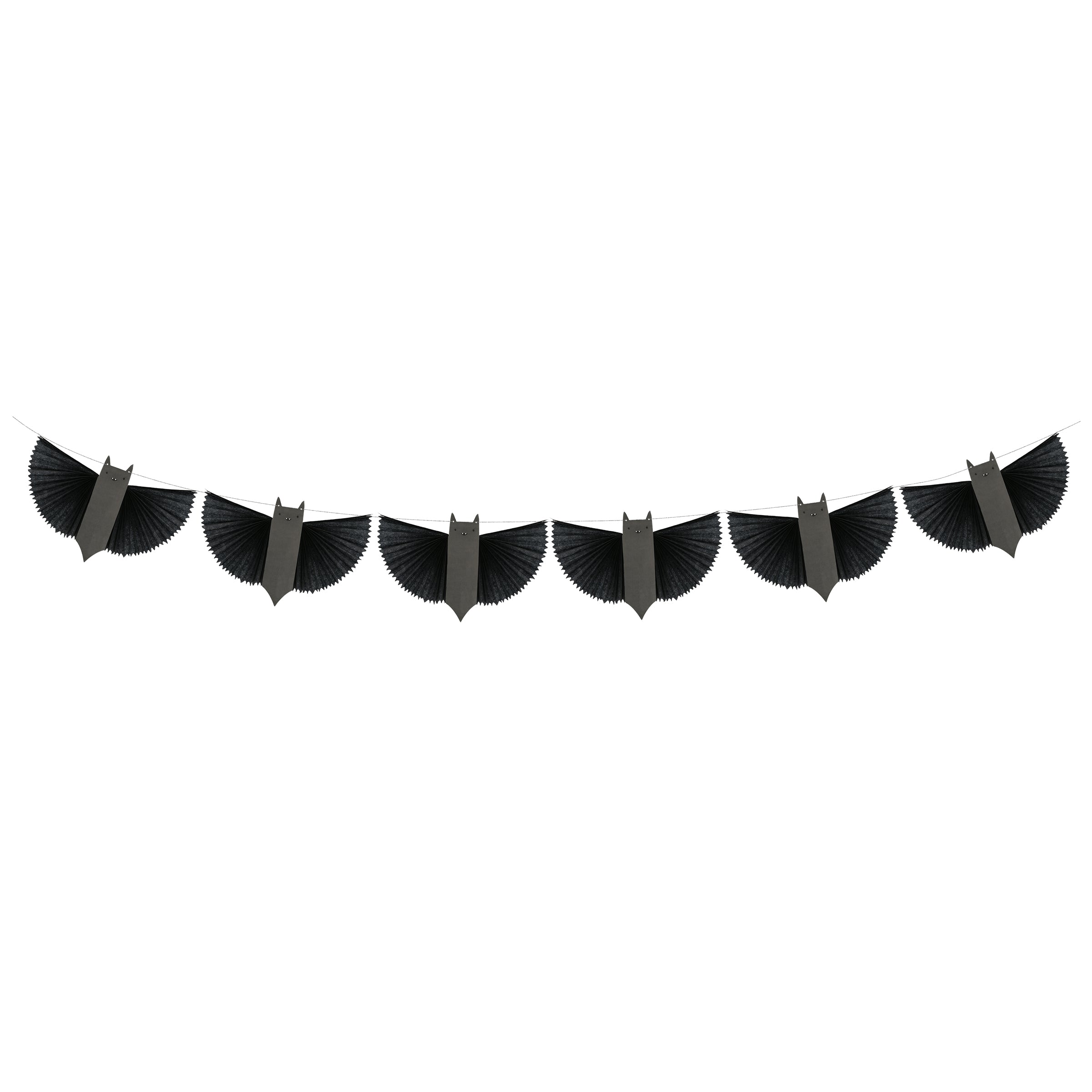 Our paper garland features black bats with 3D wings and big smiles, perfect as kid friendly Halloween decorations.