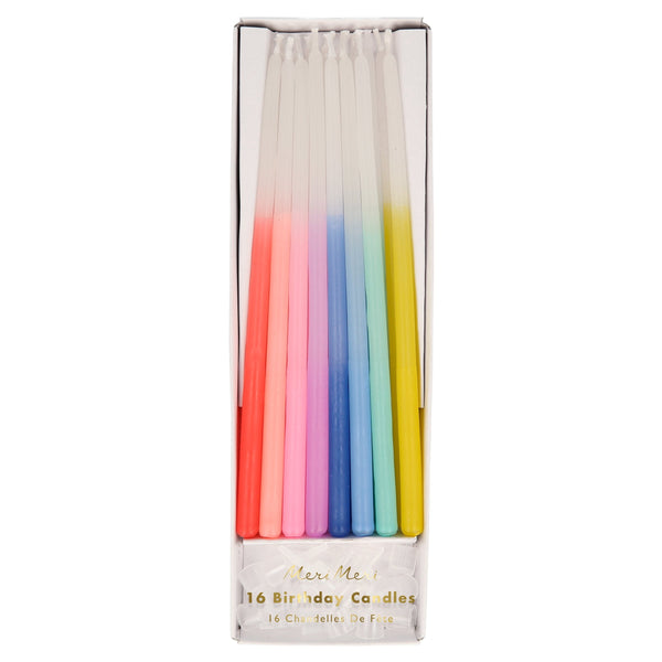 The tapered candles have 8 different colors dipped at the ends for a rainbow effect.