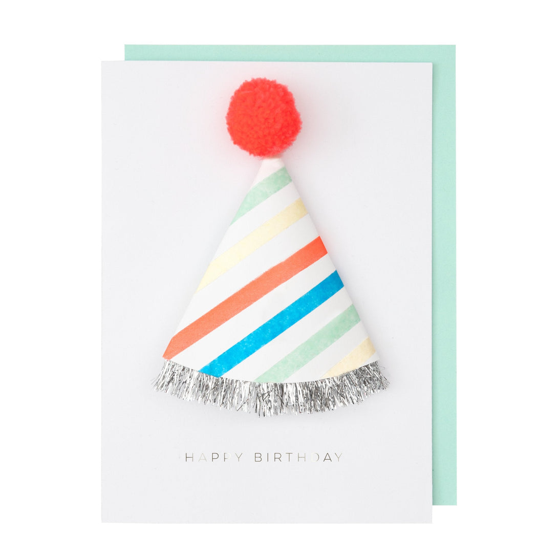 Our 3D card includes a birthday party hat to wear, colorful with a bright pompom, perfect for a special birthday celebration.