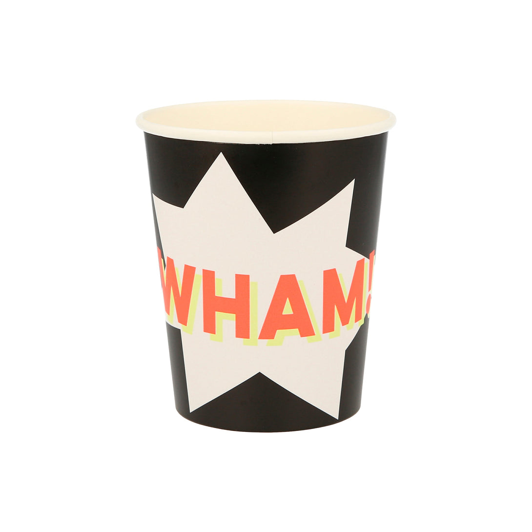 Our party cups, with comic book words, are ideal for a kids birthday party with a superhero theme.