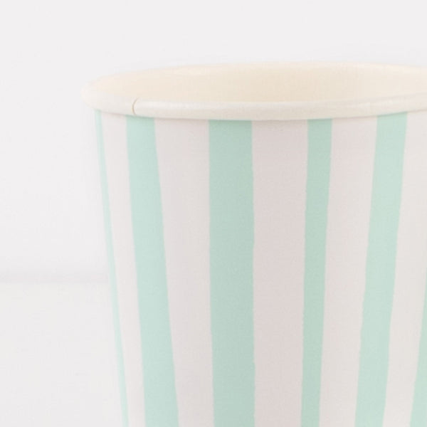 Our party cups, mint striped cups, are ideal to add to your birthday party supplies. Image2