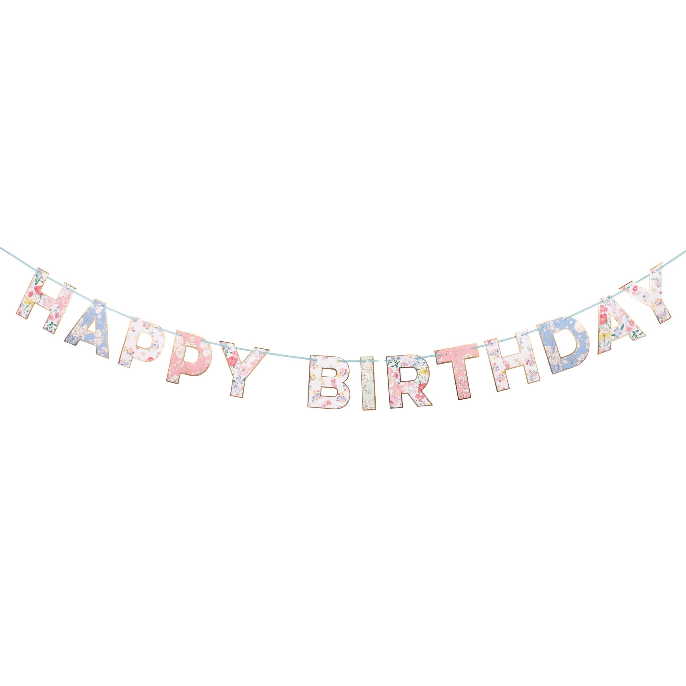 Our party garland spells out the words Happy Birthday with pretty floral designs.