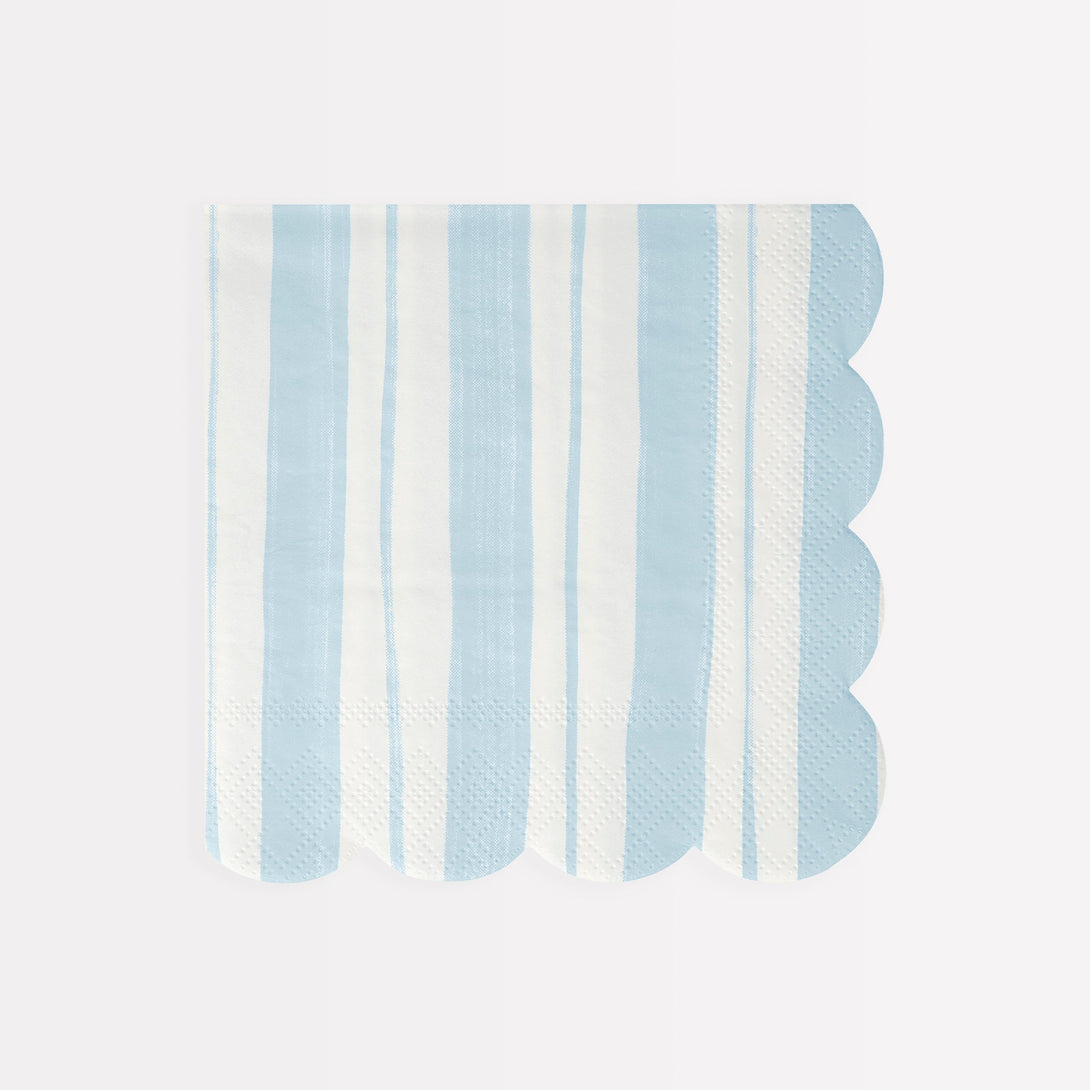 Our party napkins feature a striped ticking design in blue, pink and green.