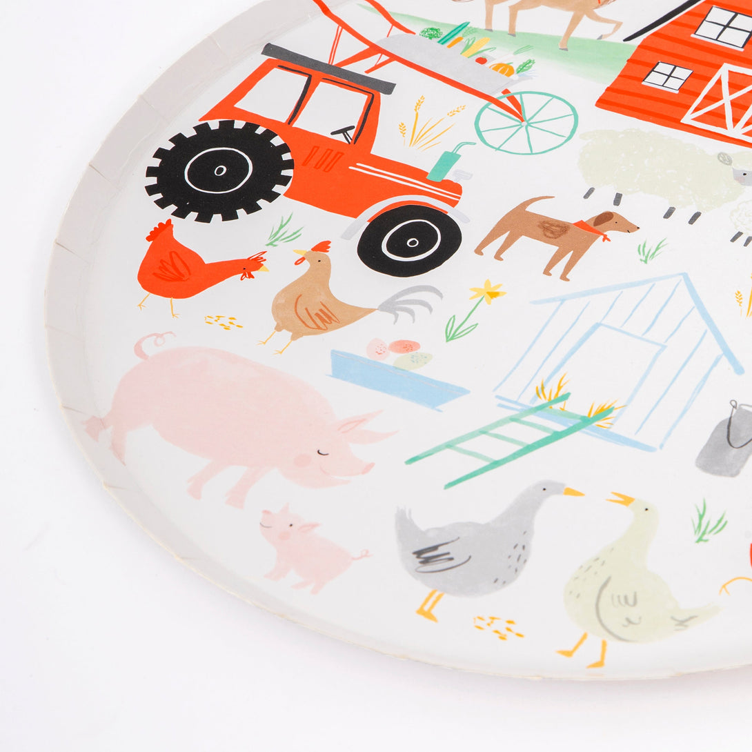 Our farm animal birthday party collection includes party decorations, and farm themed tableware.