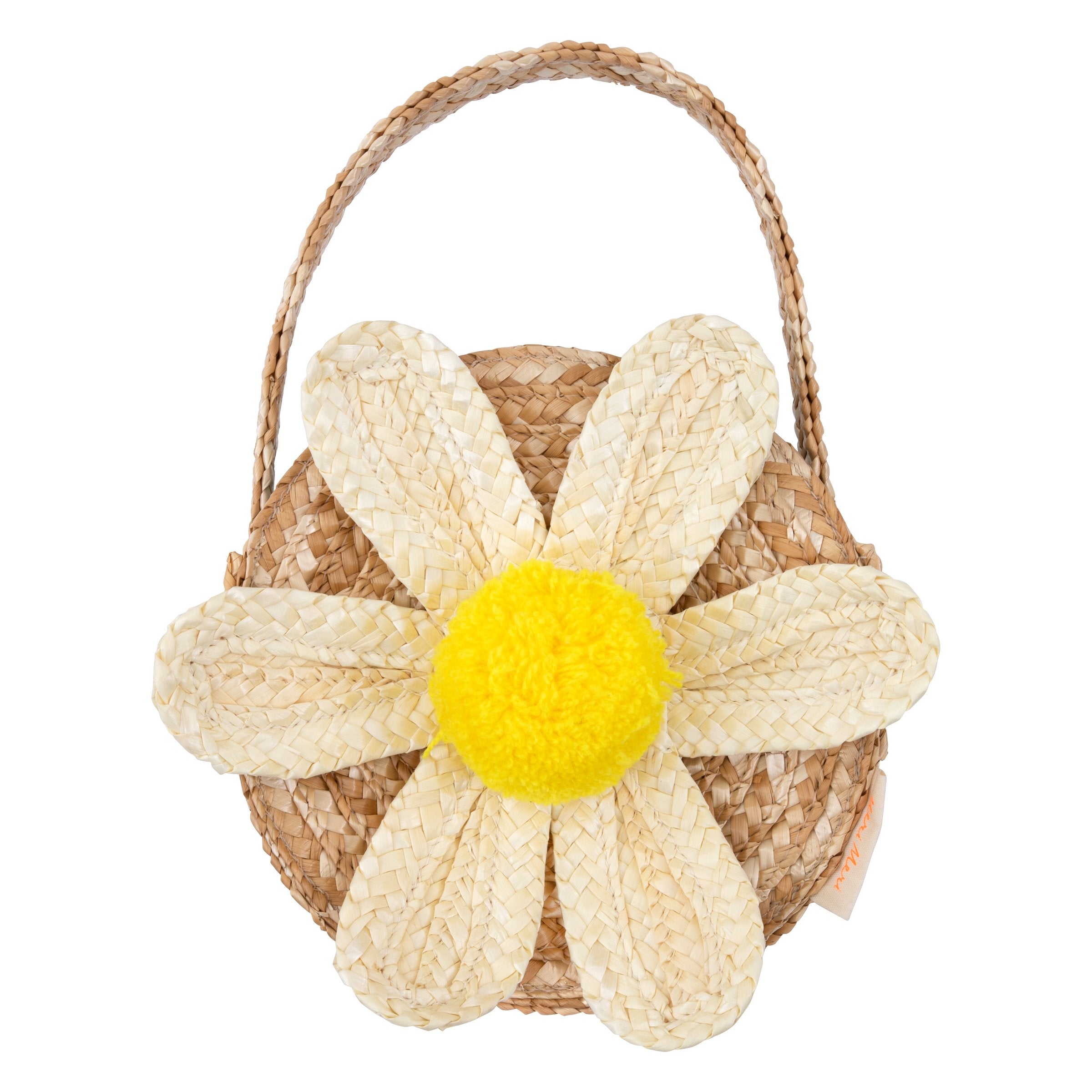 This sensational straw kids bag has a raffia daisy with a yellow pompom in the center.
