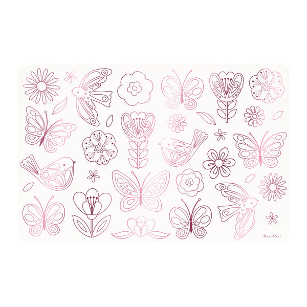 Our coloring placemats with pink foil butterfly and flower illustrations are perfect for a princess party or butterfly party. Image5