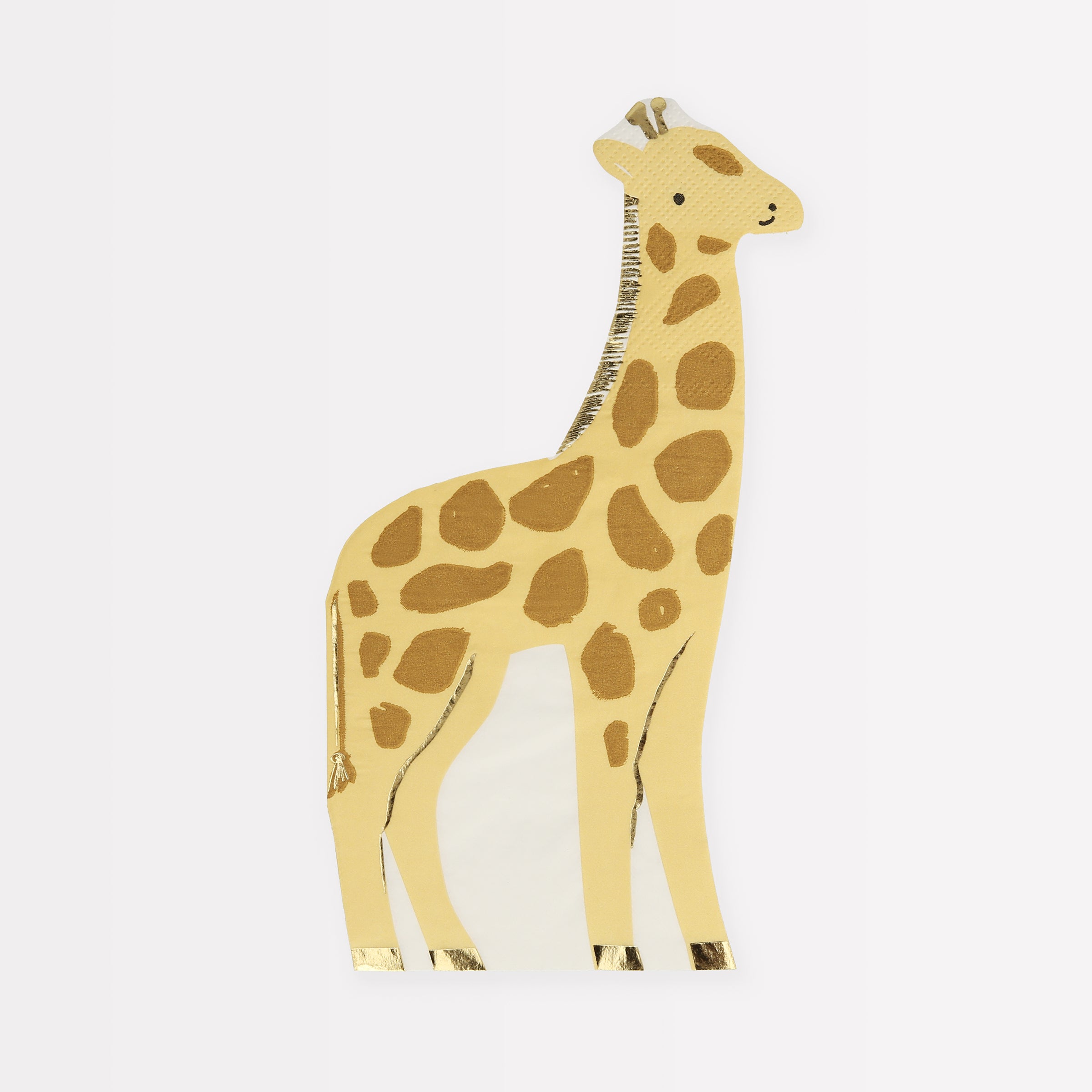 Our party napkins, in the shape of a giraffe with shiny gold foil details, are ideal for safari birthday parties.