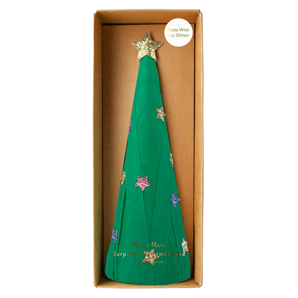This surprise ball, in the shape of a Christmas tree, contains a necklace, gold party hat, temporary tattoos for kids and stickers for kids. Image6