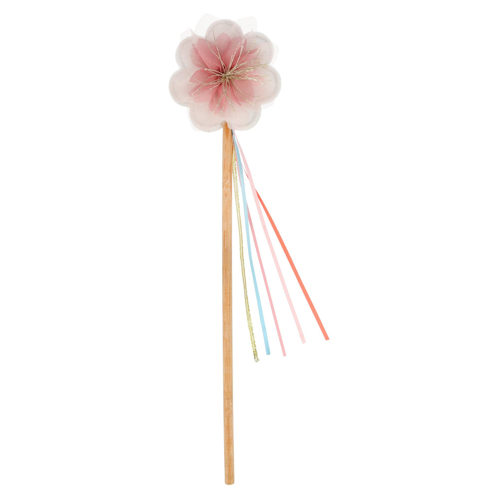 Floral wand with pink, coral, blue and gold ribbons