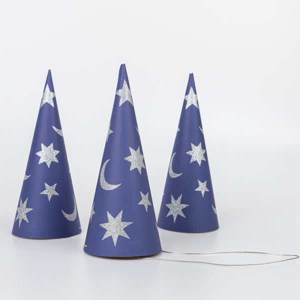 Our blue party hats, in the shape of a wizards hat, match perfectly with our wizard wands. Image3