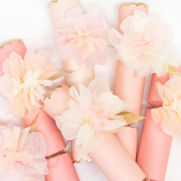 These pretty pink crackers are decorated with tissue paper flowers, and contain a tiara and sparkling glitter brooch. Image4